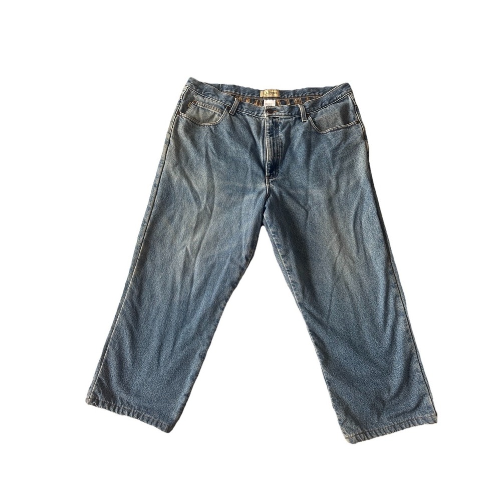 LL Bean Fleece Lined Jeans Mens 40x29 Classic‎ Fit Short Flannel  Leather Patch